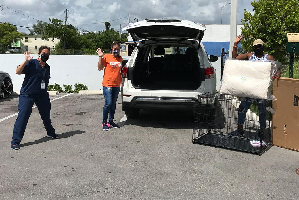 CVC staff with a kenel and dog bed