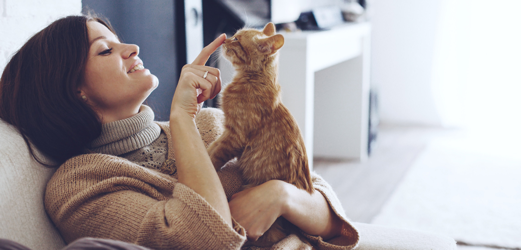 woman booping cat